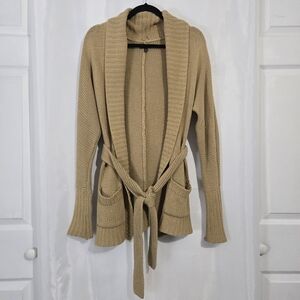 Express Chunky Knit Tan Open Front Belted Slouchy Oversized Sweater Cardigan XS